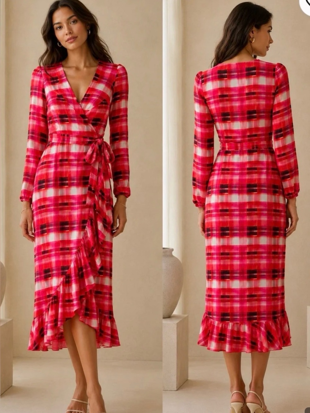 Milly Pink & Black Plaid Wrap Midi Dress